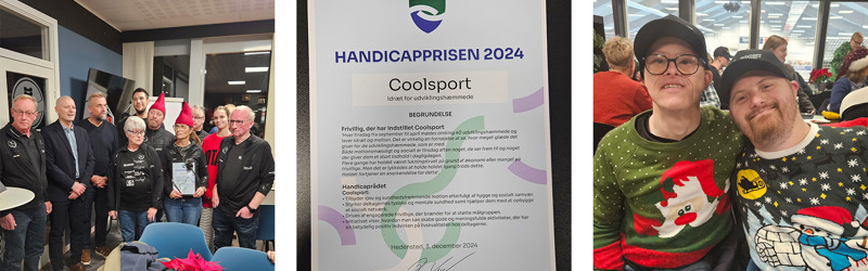 Billedet er en collage af tre billeder der vise de frivillige i holdet Coolsport, og det diplom, de har modtaget, der vise, at de er vinderen af handicapprisen 2024.